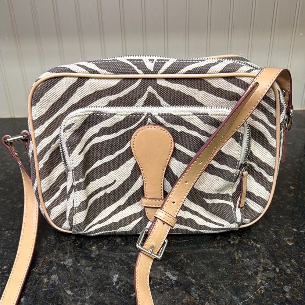 Chicos Linen/Cotton blend Brown Zebra Print Cross Body Purse